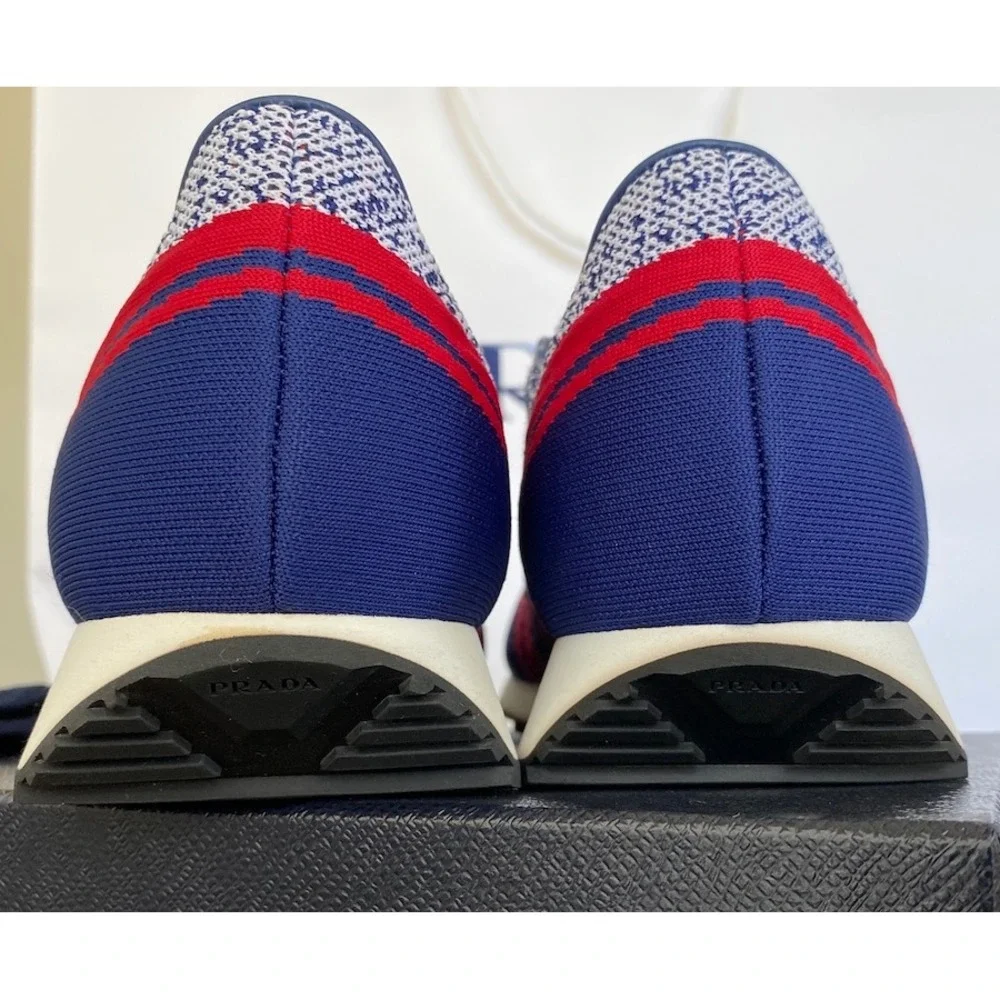 PRADA 2EG272 RED‎ BLUE FABRIC TRAINERS KNIT LOGO LACE UP SNEAKERS UK 7